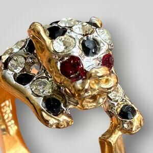 18KGE Crystal Panther Leopard Ring Red Eyes Black Clear Rhinestones Size 6